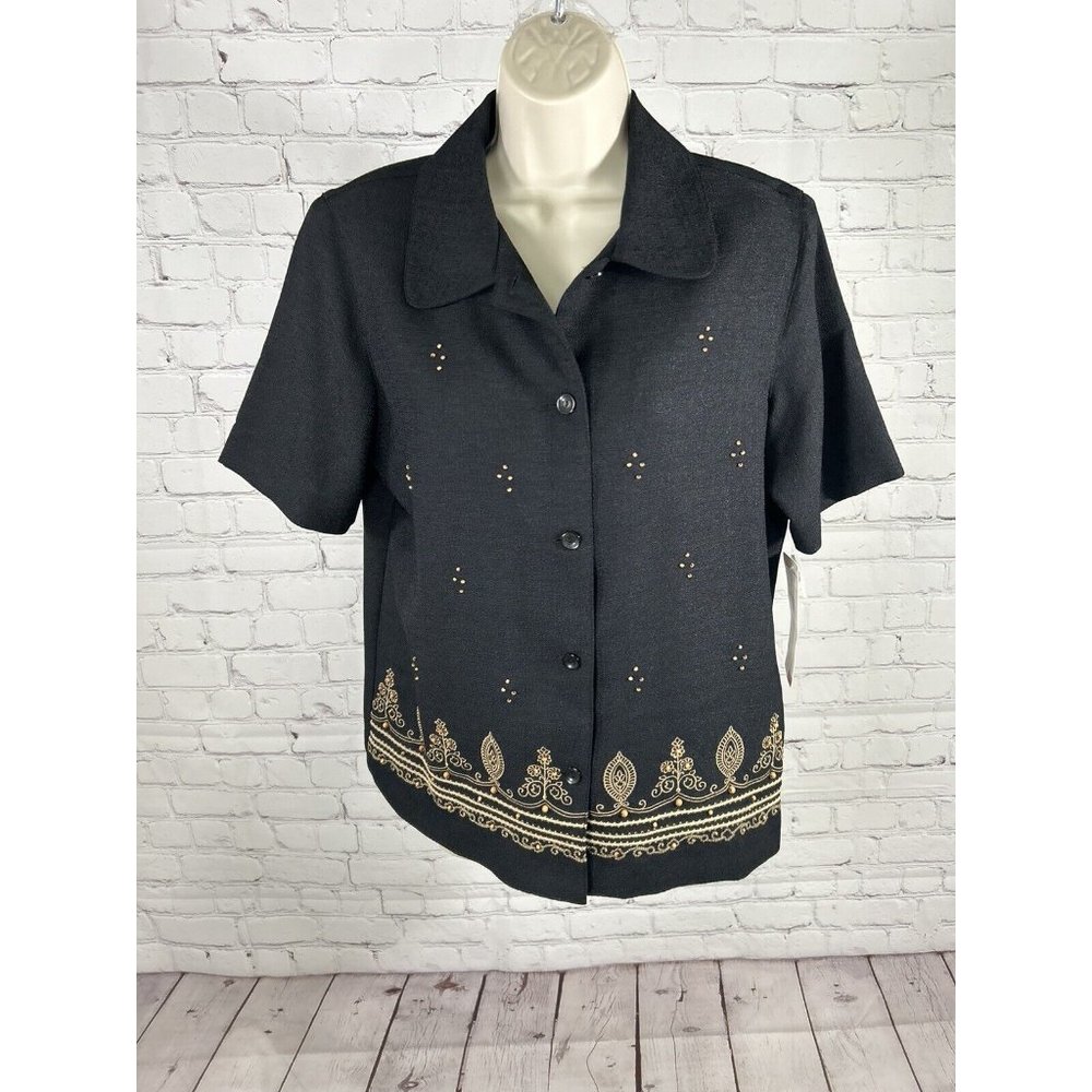 NWT Alfred Dunner Black Beaded Embroidered Shoulder Padded Shirt Women’s 8
